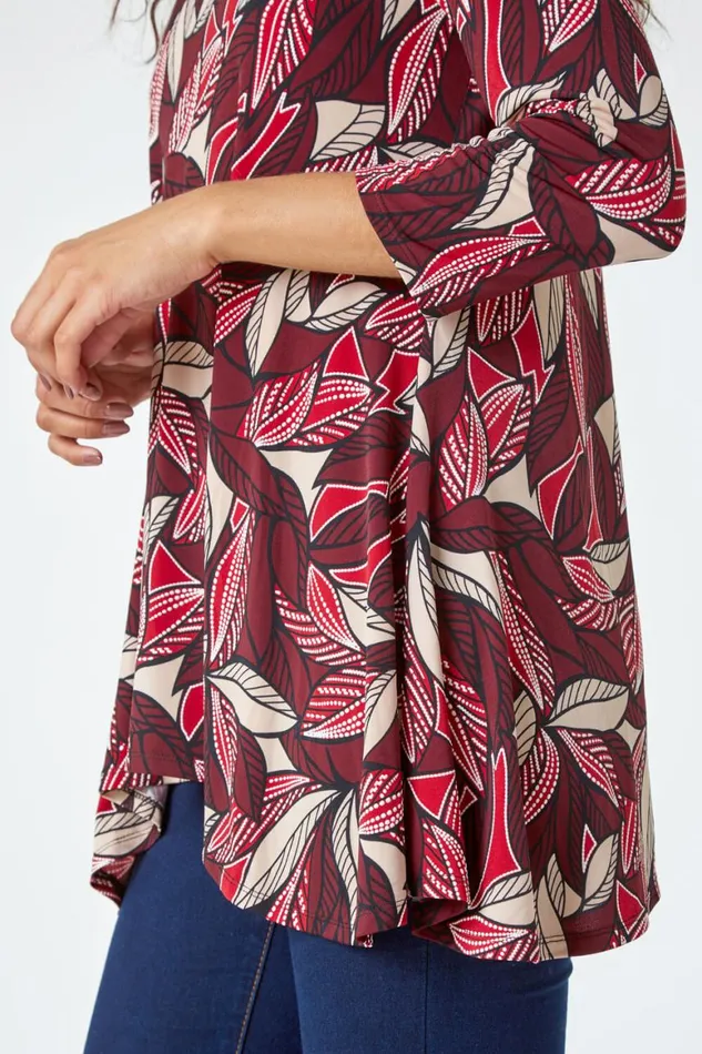 Women Wine Leaf Print Stretch Swing Tunic Top Roman Tops