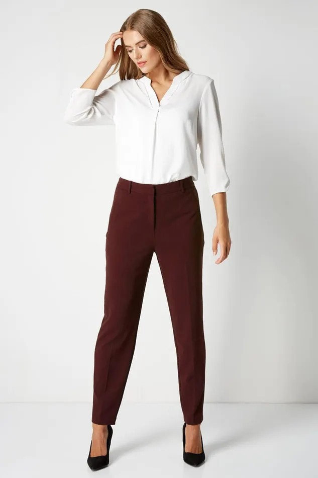 Women Wine Long Straight Leg Stretch Trouser Roman Trousers