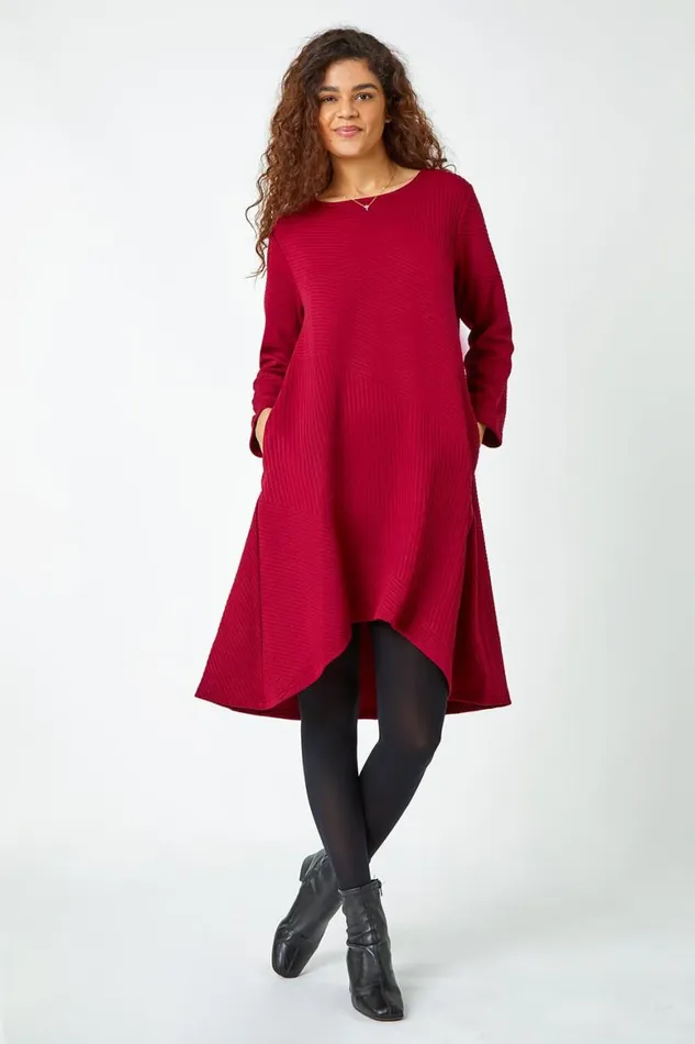 Women Wine Ribbed Asymmetric Stretch Dress Roman Dresses