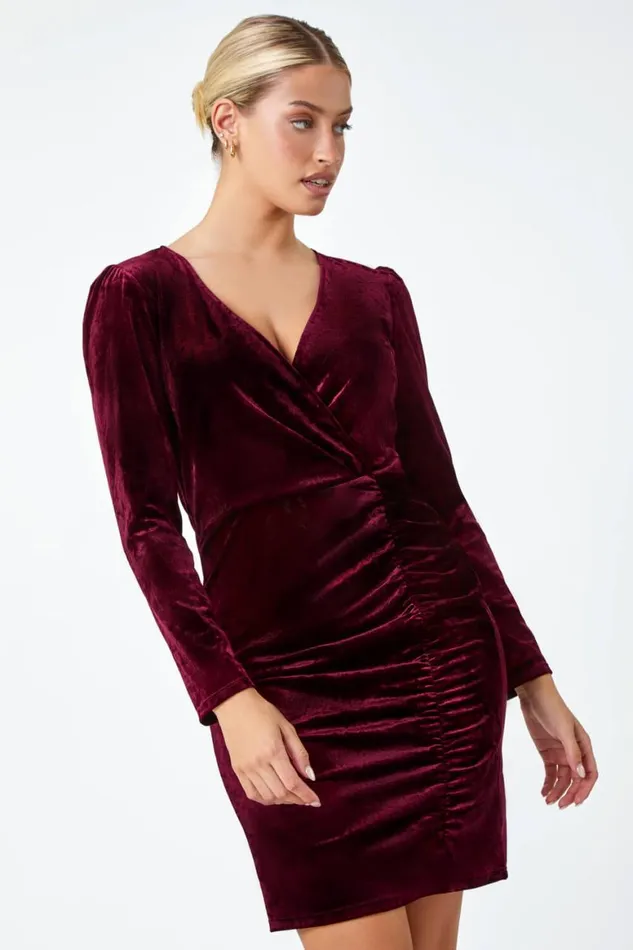 Women Wine Velvet Ruched Waist Bodycon Wrap Dress Roman Dresses