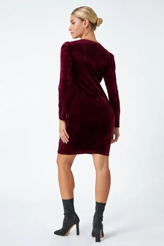 Women Wine Velvet Ruched Waist Bodycon Wrap Dress Roman Dresses