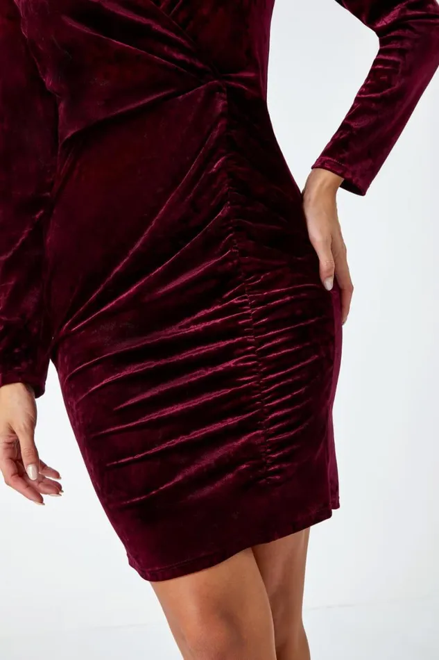 Women Wine Velvet Ruched Waist Bodycon Wrap Dress Roman Dresses