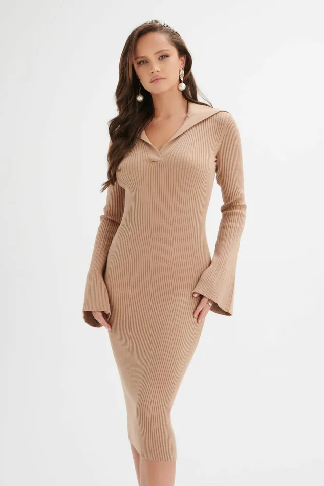 Women Winter Knitwear Lavish Alice KAYA Knitted Ribbed Collar Midi Dress In Camel Camel