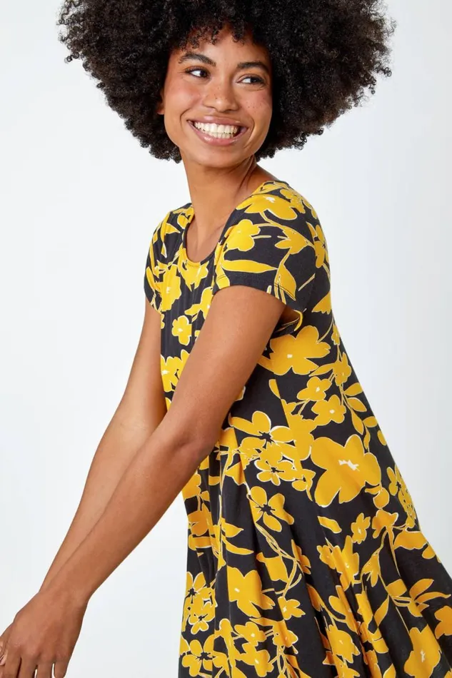 Women Yellow Contrast Floral Print Hanky Hem Tunic Roman Tops