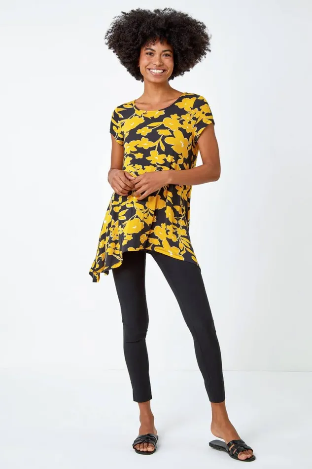 Women Yellow Contrast Floral Print Hanky Hem Tunic Roman Tops