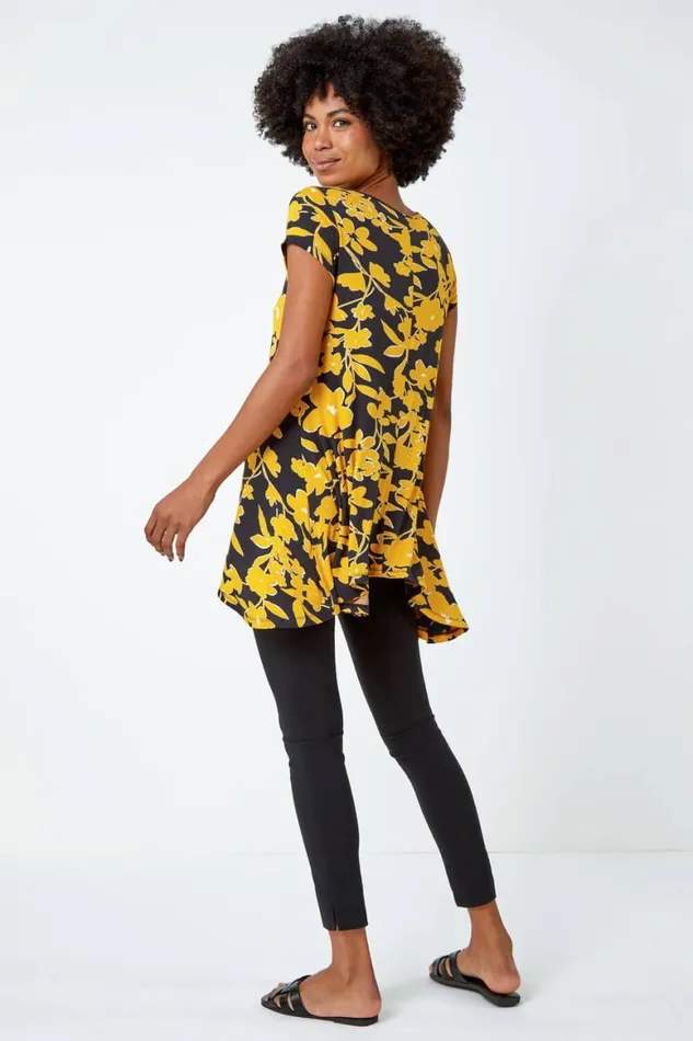 Women Yellow Contrast Floral Print Hanky Hem Tunic Roman Tops