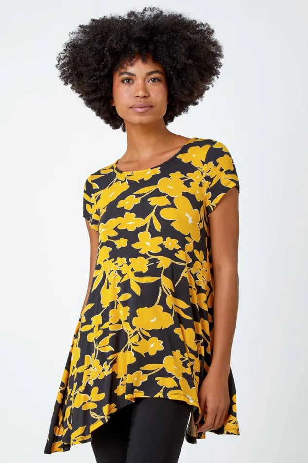 Women Yellow Contrast Floral Print Hanky Hem Tunic Roman Tops