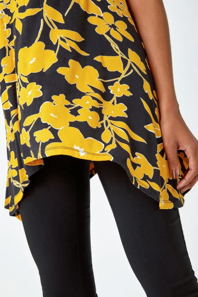 Women Yellow Contrast Floral Print Hanky Hem Tunic Roman Tops