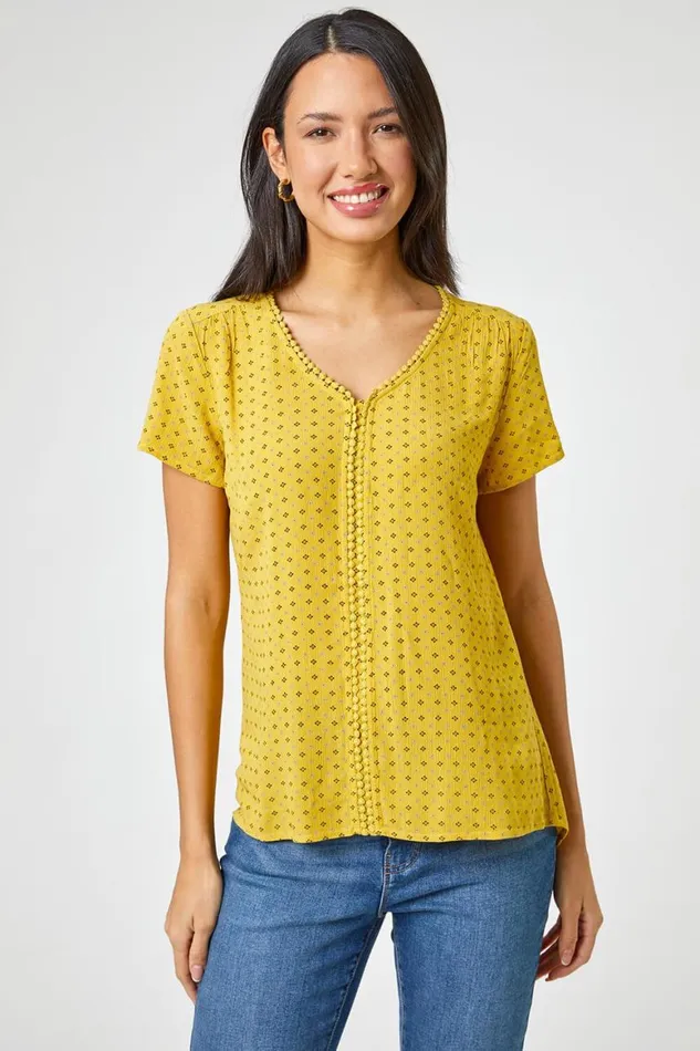 Women Yellow Ditsy Embroidered Trim Detail Top Roman Tops