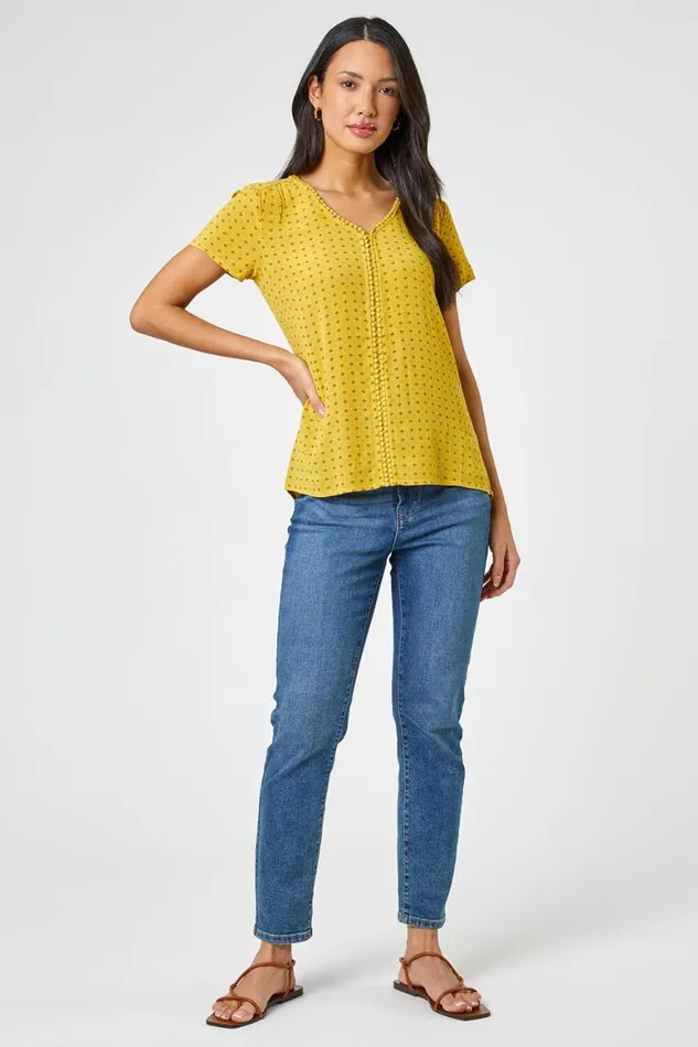 Women Yellow Ditsy Embroidered Trim Detail Top Roman Tops