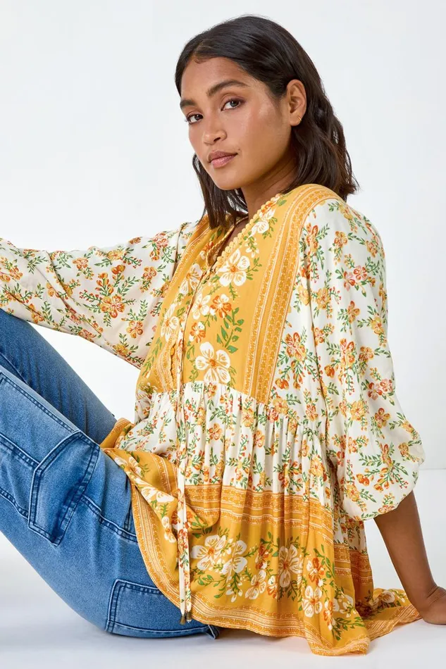 Women Yellow Floral Border Print VNeck Overshirt Roman Tops