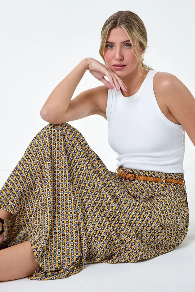 Women Yellow Floral Print Belted A Line Maxi Skirt Roman Skirts