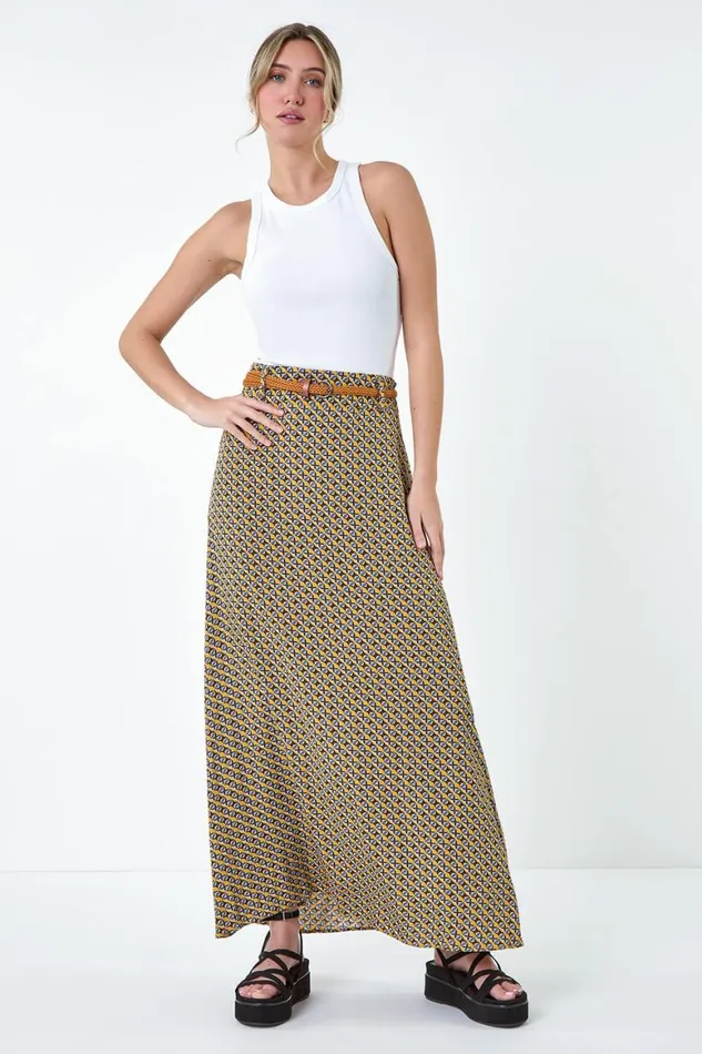 Women Yellow Floral Print Belted A Line Maxi Skirt Roman Skirts