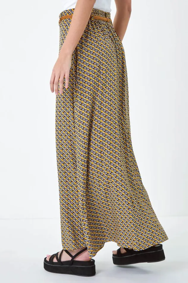 Women Yellow Floral Print Belted A Line Maxi Skirt Roman Skirts