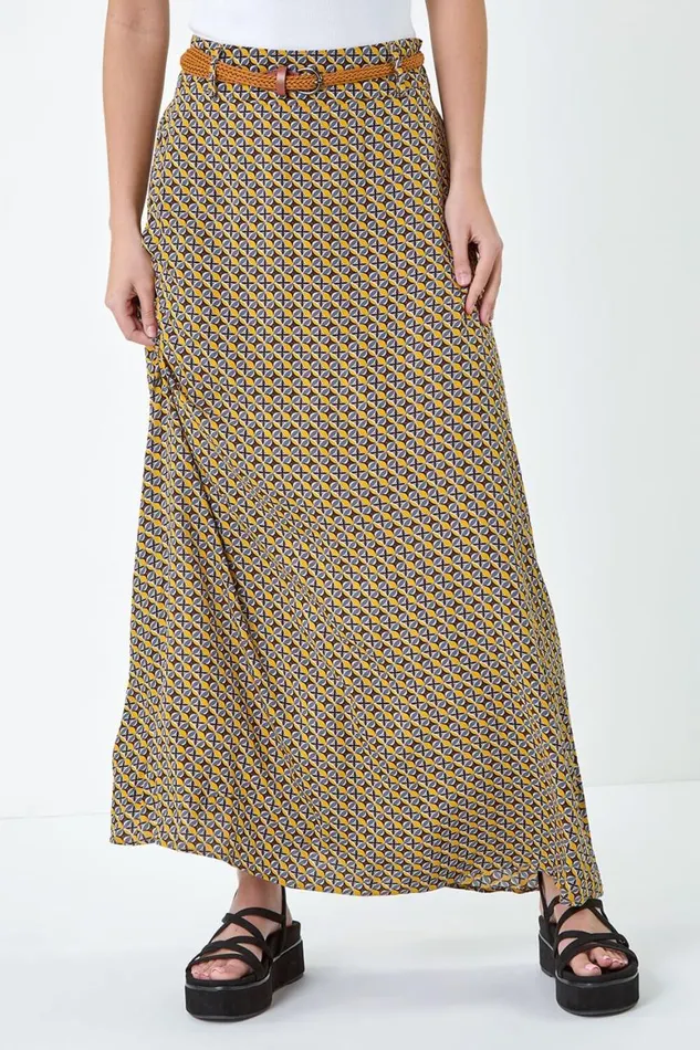 Women Yellow Floral Print Belted A Line Maxi Skirt Roman Skirts
