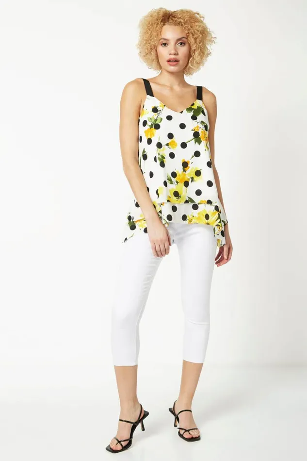 Women Yellow Floral Spot Print Chiffon Overlay Vest Top Roman Tops