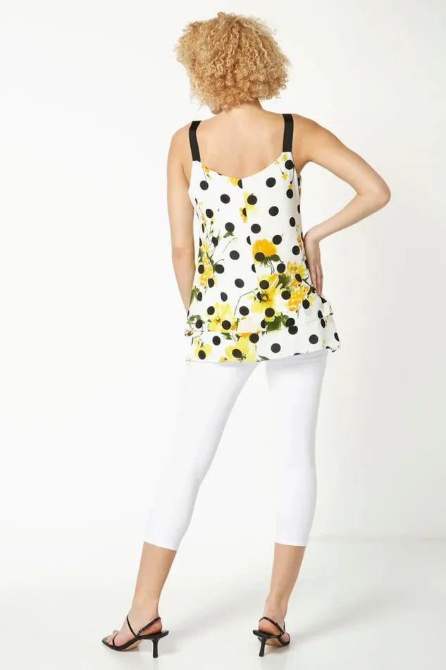 Women Yellow Floral Spot Print Chiffon Overlay Vest Top Roman Tops