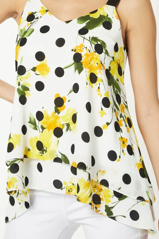 Women Yellow Floral Spot Print Chiffon Overlay Vest Top Roman Tops