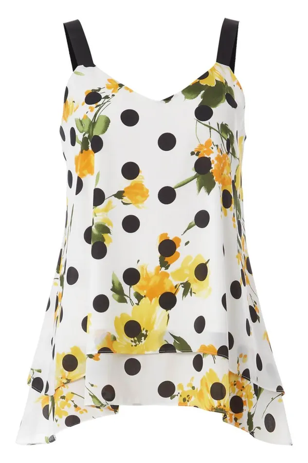 Women Yellow Floral Spot Print Chiffon Overlay Vest Top Roman Tops