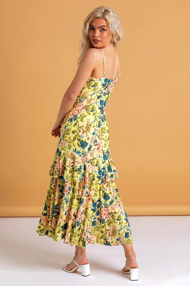 Women Yellow Fluted Hem Floral Print Dress Roman Dresses