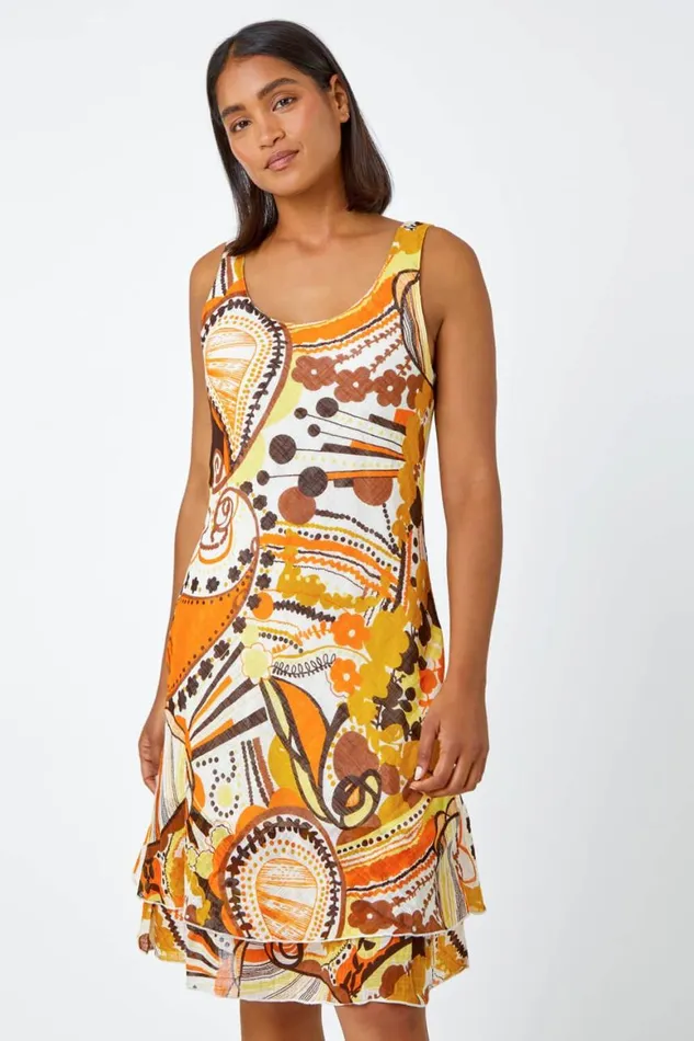 Women Yellow Sleeveless Cotton Abstract Print Dress Roman Dresses