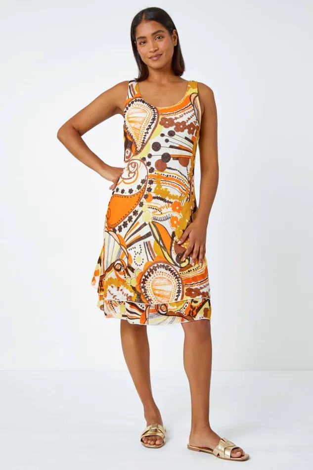 Women Yellow Sleeveless Cotton Abstract Print Dress Roman Dresses