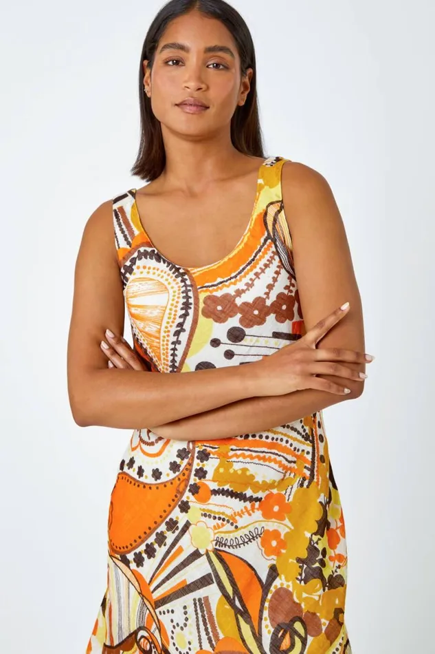 Women Yellow Sleeveless Cotton Abstract Print Dress Roman Dresses