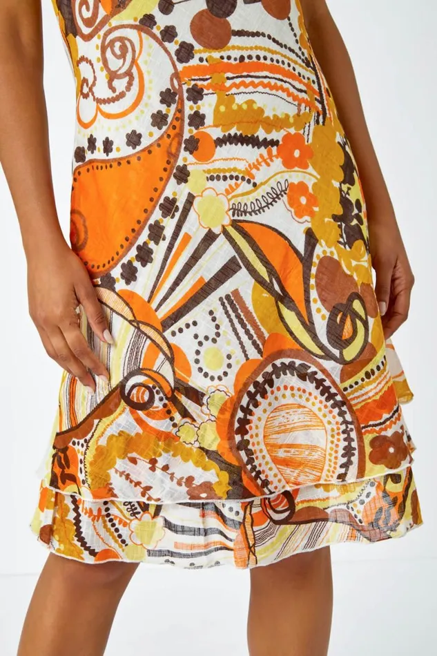 Women Yellow Sleeveless Cotton Abstract Print Dress Roman Dresses