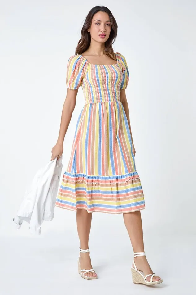 Women Yellow Stripe Shirred Puff Sleeve Cotton Dress Roman Dresses