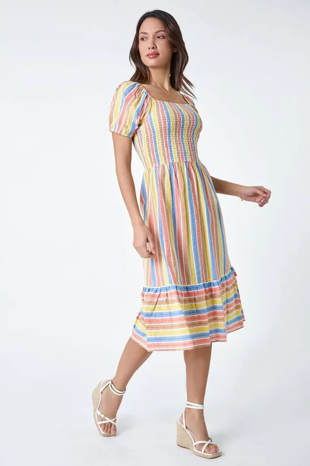Women Yellow Stripe Shirred Puff Sleeve Cotton Dress Roman Dresses