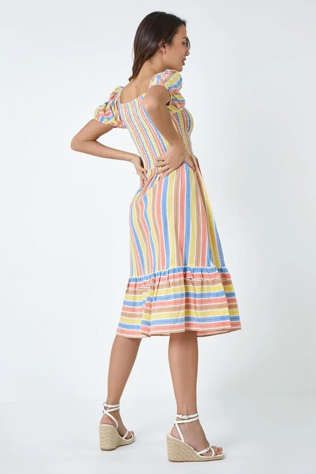 Women Yellow Stripe Shirred Puff Sleeve Cotton Dress Roman Dresses