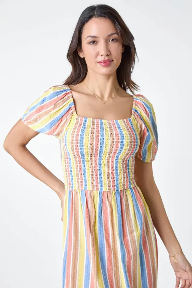 Women Yellow Stripe Shirred Puff Sleeve Cotton Dress Roman Dresses