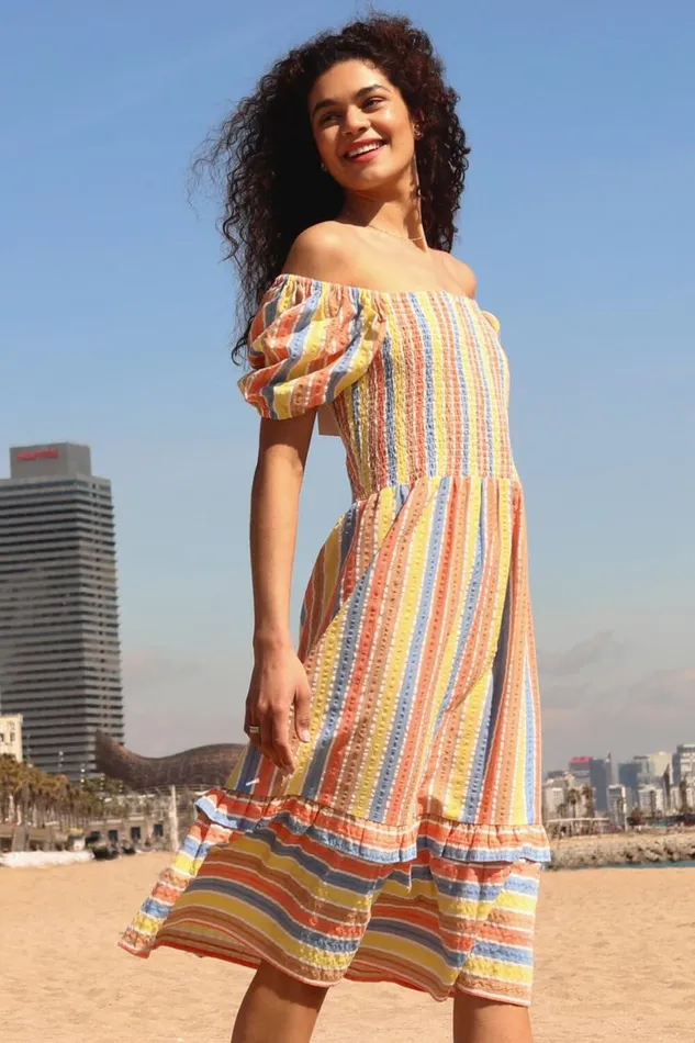 Women Yellow Stripe Shirred Puff Sleeve Cotton Dress Roman Dresses