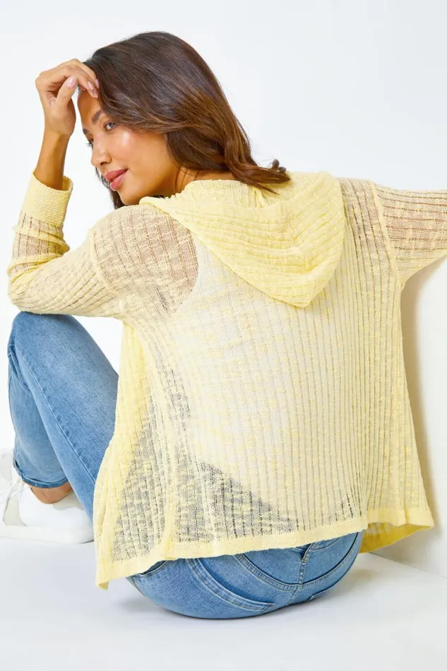 Women Yellow Textured Rib Hooded Cardigan Roman Knitwear