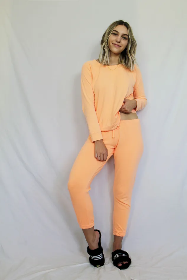 Womens Cotton Fleece Long Sleeve Raglan Pullover in Neon Orange Loungewear Chaser Brand