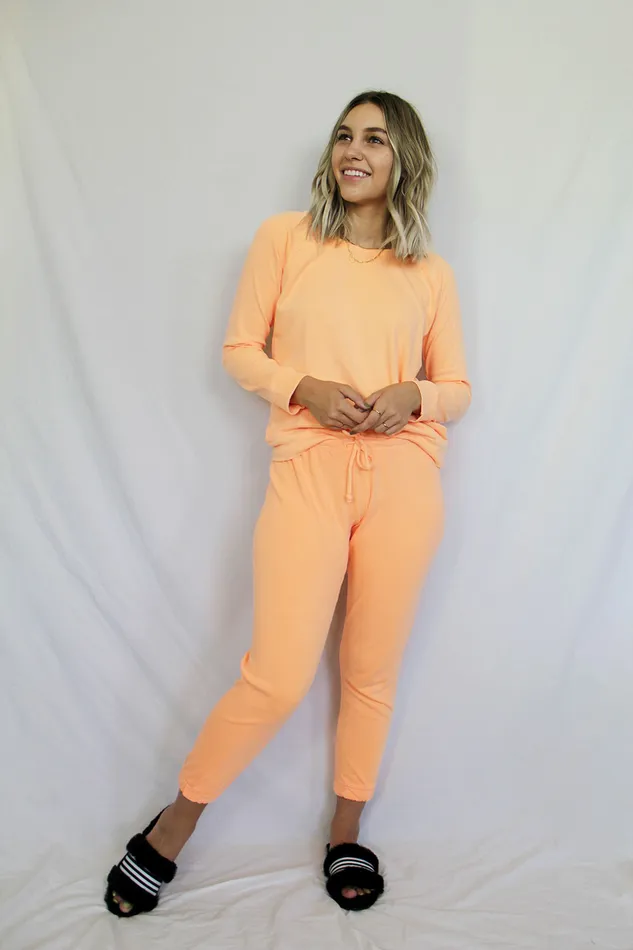 Womens Cotton Fleece Long Sleeve Raglan Pullover in Neon Orange Loungewear Chaser Brand