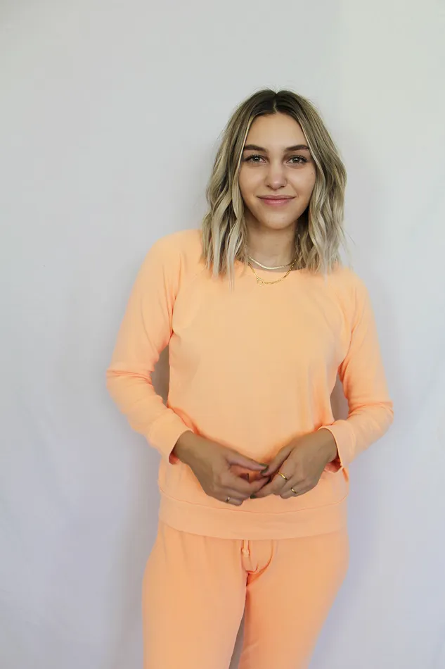 Womens Cotton Fleece Long Sleeve Raglan Pullover in Neon Orange Loungewear Chaser Brand