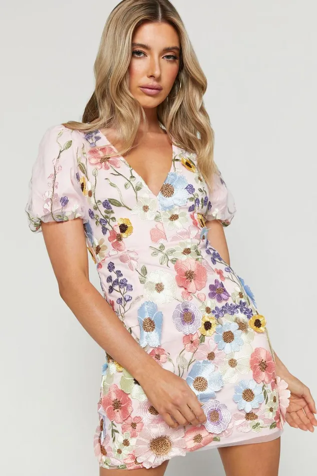 Wren Mini Dress 8211 Puff Sleeve Bodycon 3d Garden Flowers Dress In Pink Women Showpo Dresses