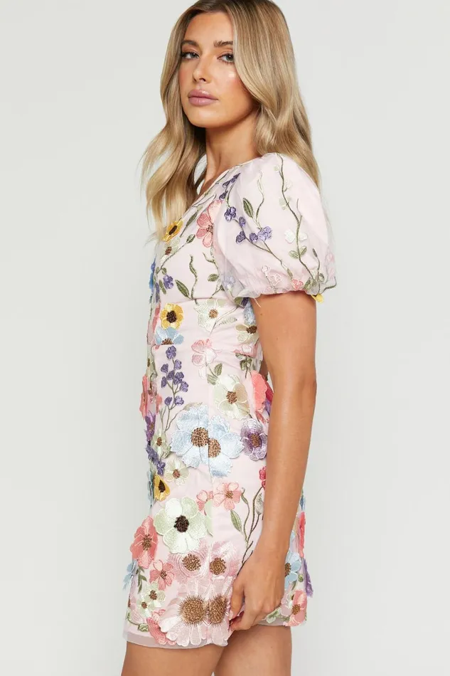 Wren Mini Dress 8211 Puff Sleeve Bodycon 3d Garden Flowers Dress In Pink Women Showpo Dresses