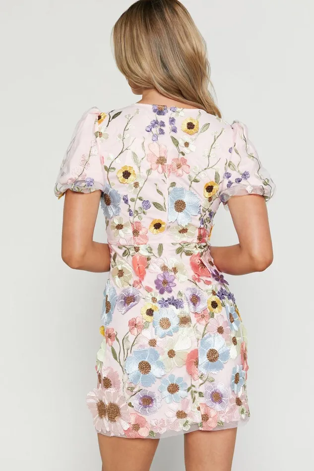 Wren Mini Dress 8211 Puff Sleeve Bodycon 3d Garden Flowers Dress In Pink Women Showpo Dresses