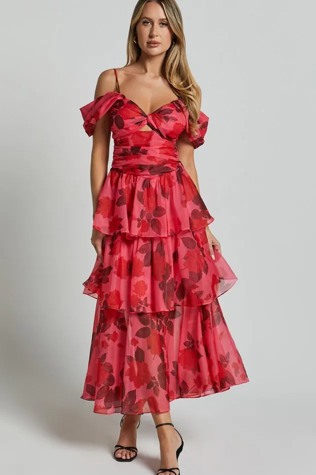 Xena Midi Dress 8211 Off The Shoulder Cut Out Front Layered Dress In Pink Print Women Showpo Dresses