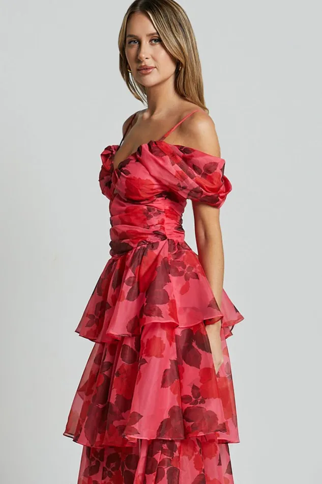 Xena Midi Dress 8211 Off The Shoulder Cut Out Front Layered Dress In Pink Print Women Showpo Dresses