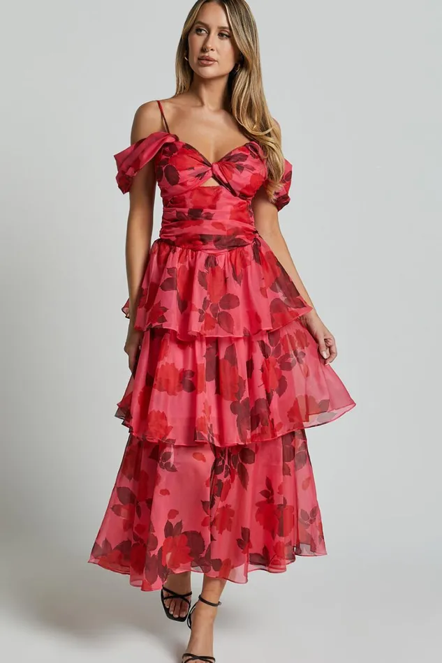 Xena Midi Dress 8211 Off The Shoulder Cut Out Front Layered Dress In Pink Print Women Showpo Dresses