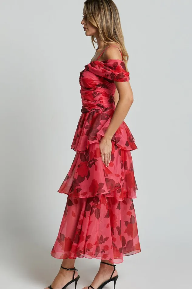 Xena Midi Dress 8211 Off The Shoulder Cut Out Front Layered Dress In Pink Print Women Showpo Dresses