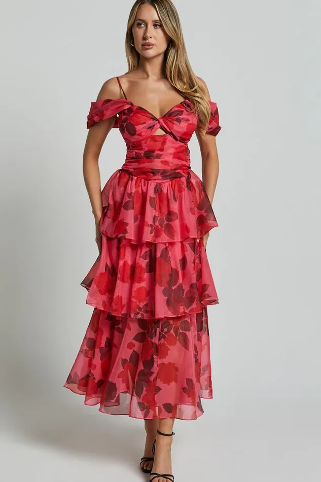 Xena Midi Dress 8211 Off The Shoulder Cut Out Front Layered Dress In Pink Print Women Showpo Dresses
