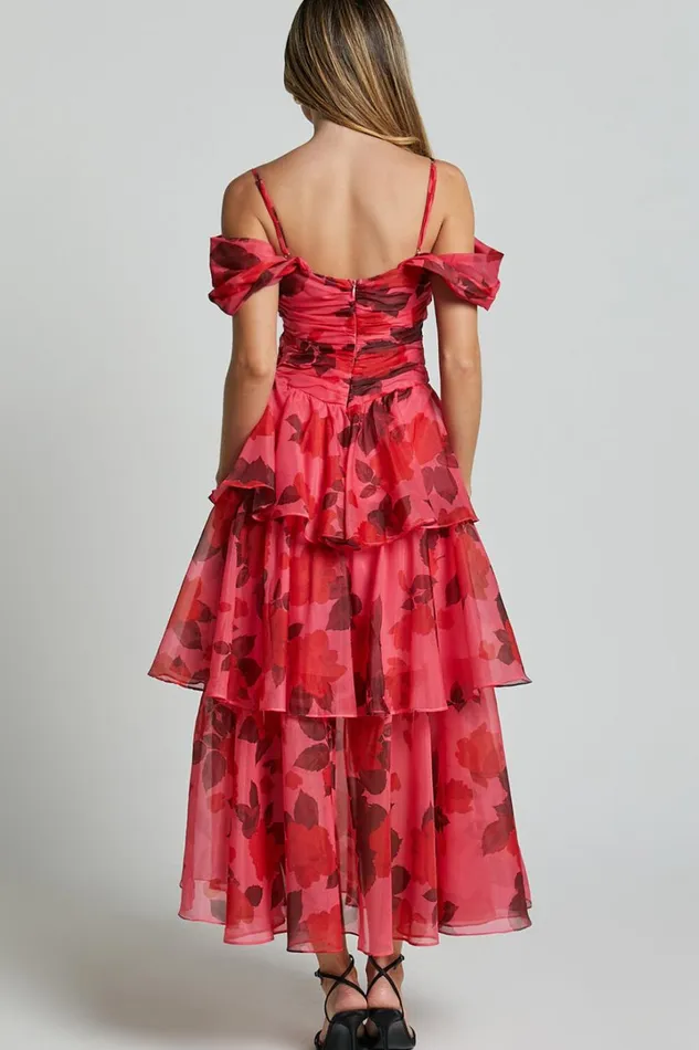 Xena Midi Dress 8211 Off The Shoulder Cut Out Front Layered Dress In Pink Print Women Showpo Dresses