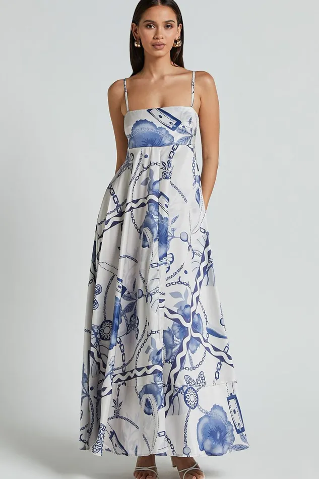Yasmine Midi Dress 8211 Straight Neck Sleeveless A Line Dress In Blue And White Porcelain Print Women Showpo Dresses