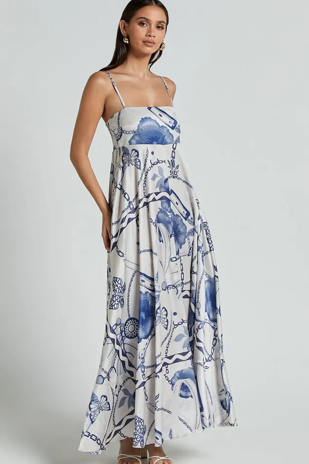 Yasmine Midi Dress 8211 Straight Neck Sleeveless A Line Dress In Blue And White Porcelain Print Women Showpo Dresses