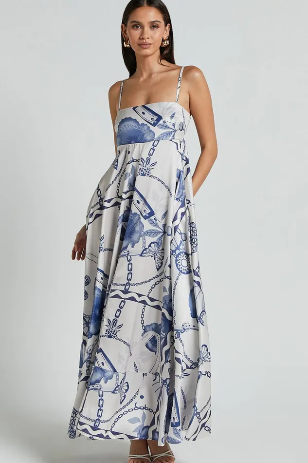 Yasmine Midi Dress 8211 Straight Neck Sleeveless A Line Dress In Blue And White Porcelain Print Women Showpo Dresses