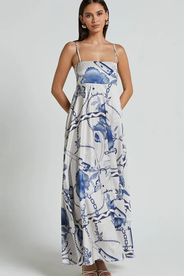 Yasmine Midi Dress 8211 Straight Neck Sleeveless A Line Dress In Blue And White Porcelain Print Women Showpo Dresses